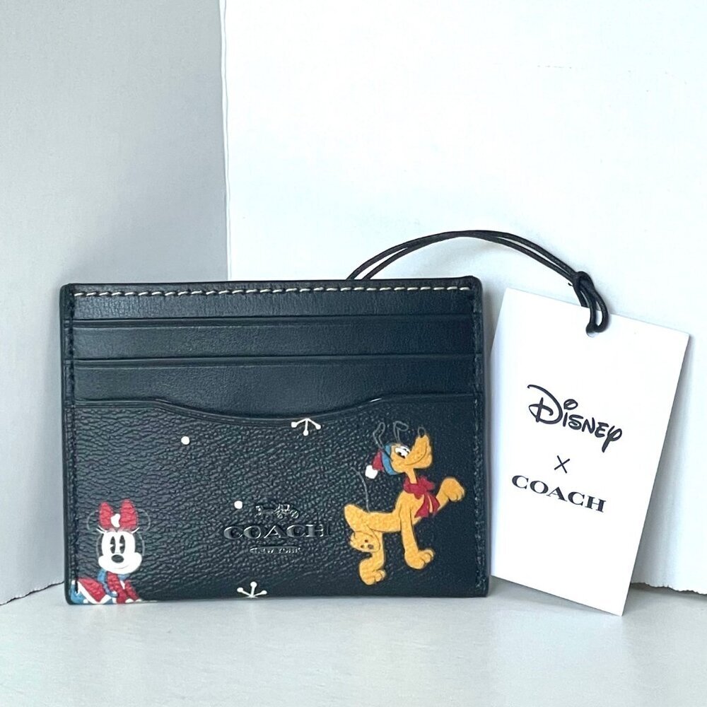 Disney x Coach Slim ID Card Case Holiday CN032 Black Leather Minnie Pluto ORGPKG - Picture 7 of 8